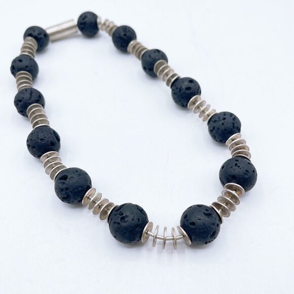 925 Silver Lava Rock Beaded Necklace Screw On Clasp